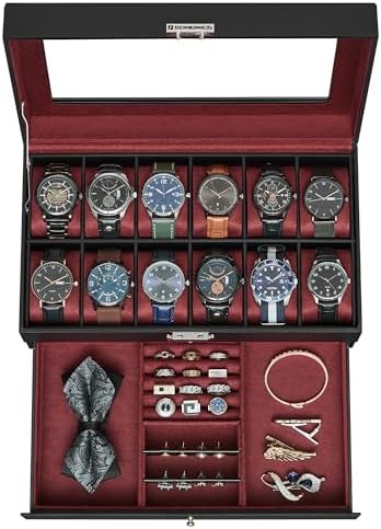 SONGMICS - Caja de reloj, organizador de 12 ranuras con tapa de vidrio grande, 2 capas, almohadas extraíbles, cerradura de metal, regalo del día del padre para papá, cuero sintético negro, forro rojo vino UJWB012R01