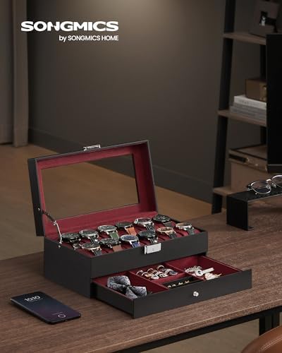 SONGMICS - Caja de reloj, organizador de 12 ranuras con tapa de vidrio grande, 2 capas, almohadas extraíbles, cerradura de metal, regalo del día del padre para papá, cuero sintético negro, forro rojo vino UJWB012R01