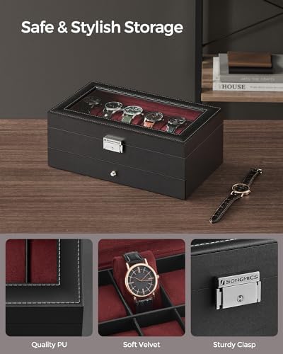 SONGMICS - Caja de reloj, organizador de 12 ranuras con tapa de vidrio grande, 2 capas, almohadas extraíbles, cerradura de metal, regalo del día del padre para papá, cuero sintético negro, forro rojo vino UJWB012R01