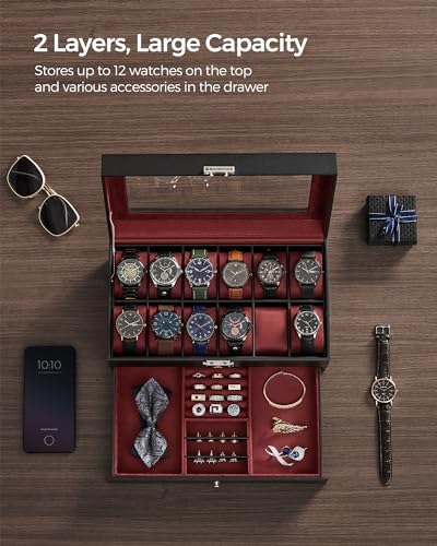 SONGMICS - Caja de reloj, organizador de 12 ranuras con tapa de vidrio grande, 2 capas, almohadas extraíbles, cerradura de metal, regalo del día del padre para papá, cuero sintético negro, forro rojo vino UJWB012R01