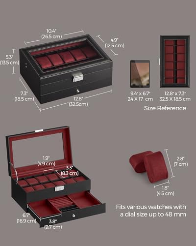 SONGMICS - Caja de reloj, organizador de 12 ranuras con tapa de vidrio grande, 2 capas, almohadas extraíbles, cerradura de metal, regalo del día del padre para papá, cuero sintético negro, forro rojo vino UJWB012R01