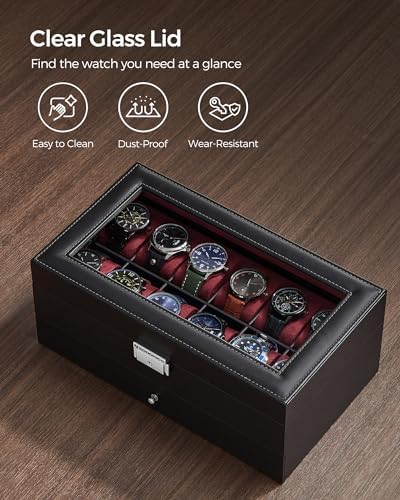 SONGMICS - Caja de reloj, organizador de 12 ranuras con tapa de vidrio grande, 2 capas, almohadas extraíbles, cerradura de metal, regalo del día del padre para papá, cuero sintético negro, forro rojo vino UJWB012R01