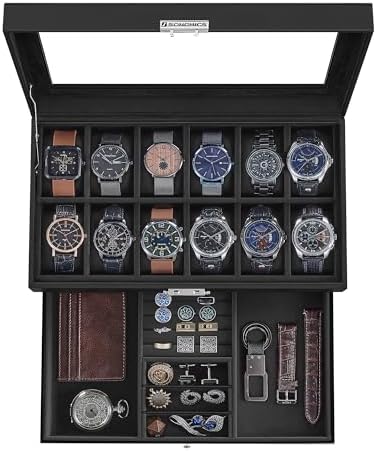 SONGMICS - Caja de reloj, organizador de 12 ranuras con tapa de vidrio grande, 2 capas, almohadas extraíbles, cerradura de metal, regalo del día del padre para papá, cuero sintético negro, forro rojo vino UJWB012R01