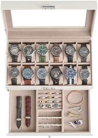 SONGMICS - Caja de reloj, organizador de 12 ranuras con tapa de vidrio grande, 2 capas, almohadas extraíbles, cerradura de metal, regalo del día del padre para papá, cuero sintético negro, forro rojo vino UJWB012R01