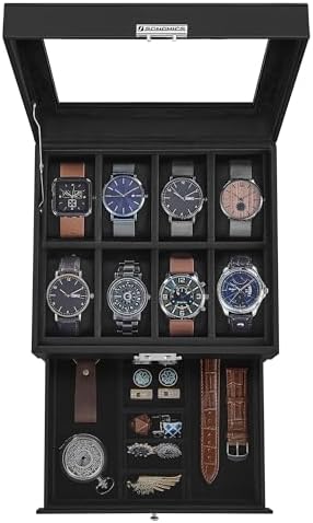 SONGMICS - Caja de reloj, organizador de 12 ranuras con tapa de vidrio grande, 2 capas, almohadas extraíbles, cerradura de metal, regalo del día del padre para papá, cuero sintético negro, forro rojo vino UJWB012R01