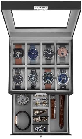 SONGMICS - Caja de reloj, organizador de 12 ranuras con tapa de vidrio grande, 2 capas, almohadas extraíbles, cerradura de metal, regalo del día del padre para papá, cuero sintético negro, forro rojo vino UJWB012R01