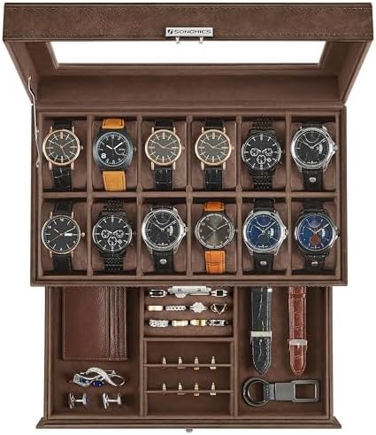 SONGMICS - Caja de reloj, organizador de 12 ranuras con tapa de vidrio grande, 2 capas, almohadas extraíbles, cerradura de metal, regalo del día del padre para papá, cuero sintético negro, forro rojo vino UJWB012R01