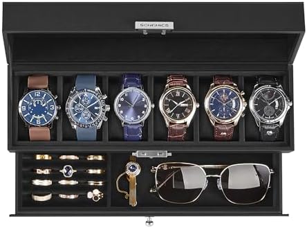 SONGMICS - Caja de reloj, organizador de 12 ranuras con tapa de vidrio grande, 2 capas, almohadas extraíbles, cerradura de metal, regalo del día del padre para papá, cuero sintético negro, forro rojo vino UJWB012R01