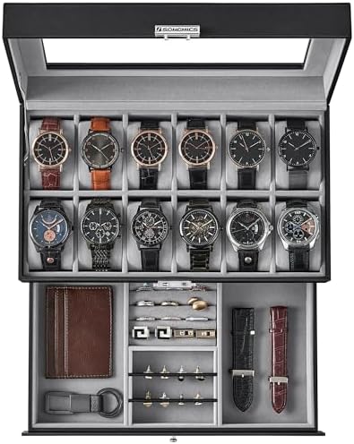 SONGMICS - Caja de reloj, organizador de 12 ranuras con tapa de vidrio grande, 2 capas, almohadas extraíbles, cerradura de metal, regalo del día del padre para papá, cuero sintético negro, forro rojo vino UJWB012R01