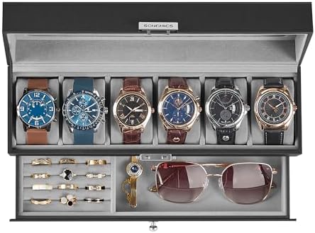 SONGMICS - Caja de reloj, organizador de 12 ranuras con tapa de vidrio grande, 2 capas, almohadas extraíbles, cerradura de metal, regalo del día del padre para papá, cuero sintético negro, forro rojo vino UJWB012R01