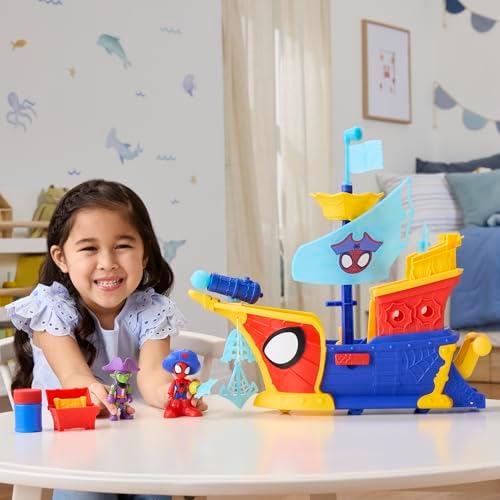 SPIDEY AND HIS AMAZING FRIENDS Marvel Water Webs Webs Ahoy Bubble Pirate Ship Toy  3 Inch Action Figures & Boat Playset  Super Hero Toys   Ages 3 