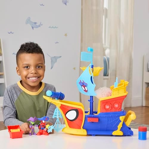 SPIDEY AND HIS AMAZING FRIENDS Marvel Water Webs Webs Ahoy Bubble Pirate Ship Toy  3 Inch Action Figures & Boat Playset  Super Hero Toys   Ages 3 