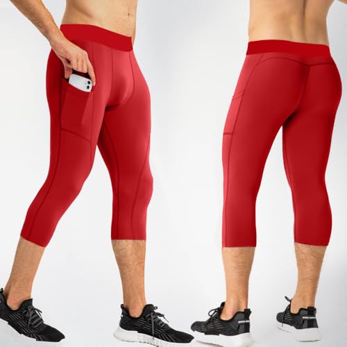 SPVISE Mens 3/4 Compression Pants Athletic Capri Leggings Dry Fit Running Tights with Pocket Basketball Sports Gym Baselayer
