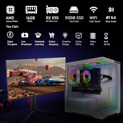 STGAubron Gaming Desktop PC Computer  AMD Athlon 3000G 3 5GHz  Radeon RX 590 8G  16G DDR4  512G SSD  600M WiFi  BT 5 0  RGB Fan x3  Windows 11 Home