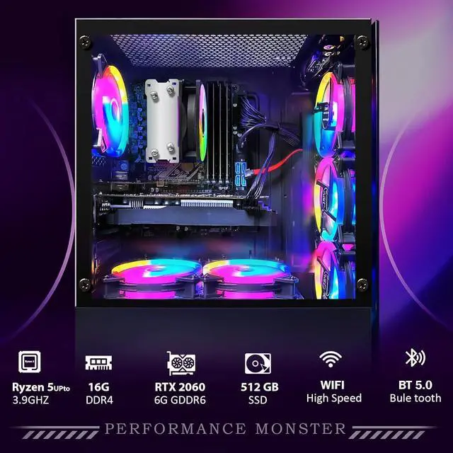 STGAubron Gaming Desktop PC  AMD Ryzen 5 PRO 2600 up to 3 9G  16G DDR4  512G SSD  GeForce RTX 2060 6G GDDR6  600M WiFi  BT 5 0  RGB Fan x 6  RGB Keyboard & Mouse & Mouse Pad  W11H64