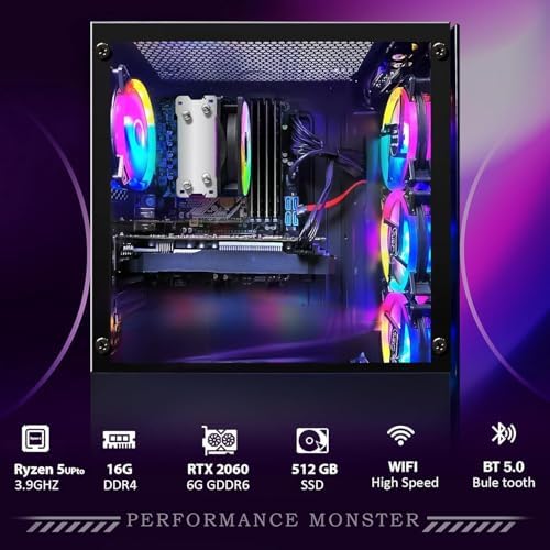 STGAubron Gaming PC Desktop Computer  AMD Ryzen 5 2600 up to 3 9G  GeForce RTX 2060 6G  16G DDR4  512G SSD  600M WiFi  BT 5 0  RGB Fan x4  Windows 11 Home