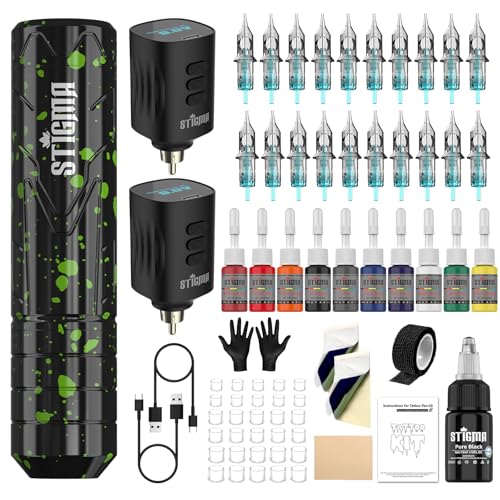 STIGMA Wireless Tattoo Gun Kit Complete Tattoo Kit Tattoo Rotary Pen Set with 2Pcs Tattoo Battery 20Pcs Cartridge Needles 11Pcs Ink Tattoo Machine Kit for Beginners Tattooist ST TKP104A 1