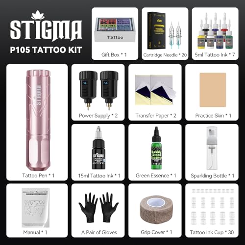 STIGMA Wireless Tattoo Machine Kit  Tattoo Rotary Pen Gun Kit with 2 Batteries  7 Tattoo Inks  20 Cartridge Needles  Tattoo Supplies for Artists & Beginners ST TKP105A 8