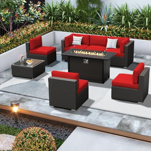 SUNCROWN 8 Piece Outdoor Patio Furniture Sofa Set All Weather Wicker Sectional Conversation Set with Modern Glass Coffee Table  Cushions and Fire Pit Table Red