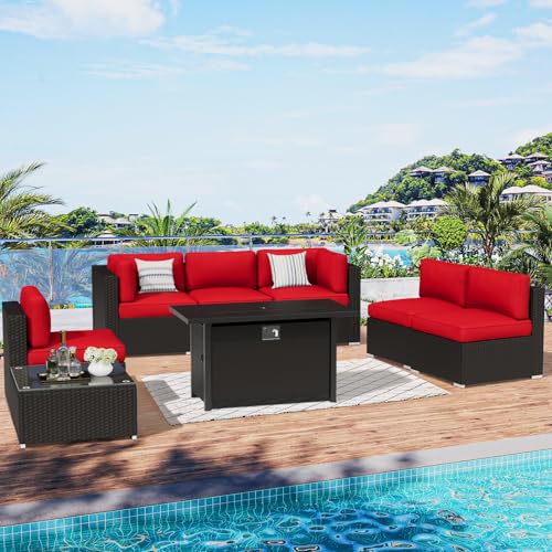 SUNCROWN 8 Piece Outdoor Patio Furniture Sofa Set All Weather Wicker Sectional Conversation Set with Modern Glass Coffee Table  Cushions and Fire Pit Table Red