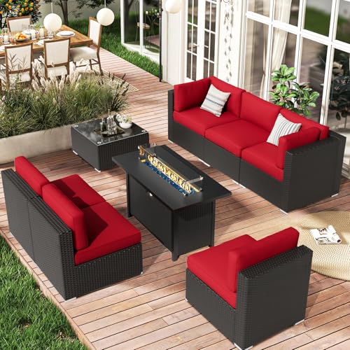 SUNCROWN 8 Piece Outdoor Patio Furniture Sofa Set All Weather Wicker Sectional Conversation Set with Modern Glass Coffee Table  Cushions and Fire Pit Table Red