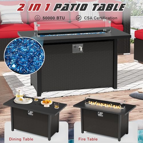 SUNCROWN 8 Piece Outdoor Patio Furniture Sofa Set All Weather Wicker Sectional Conversation Set with Modern Glass Coffee Table  Cushions and Fire Pit Table Red