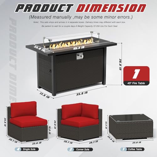 SUNCROWN 8 Piece Outdoor Patio Furniture Sofa Set All Weather Wicker Sectional Conversation Set with Modern Glass Coffee Table  Cushions and Fire Pit Table Red
