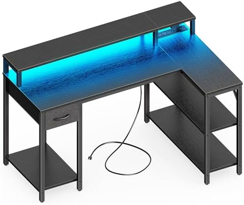 SUPERJARE 47 inch L Shaped Gaming Desk with LED Lights & Power Outlets  Reversible Computer Desk with Shelves & Monitor Stand  Corner Desk with Drawer  for Home & Office  Black