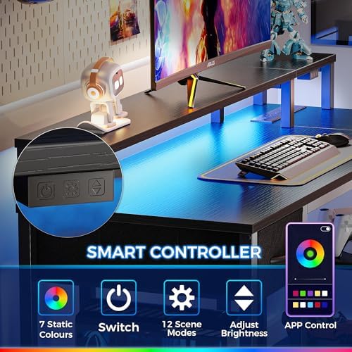 SUPERJARE 47 inch L Shaped Gaming Desk with LED Lights & Power Outlets  Reversible Computer Desk with Shelves & Monitor Stand  Corner Desk with Drawer  for Home & Office  Black