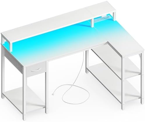 SUPERJARE 47 inch L Shaped Gaming Desk with LED Lights & Power Outlets  Reversible Computer Desk with Shelves & Monitor Stand  Corner Desk with Drawer  for Home & Office  Black