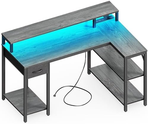 SUPERJARE 47 inch L Shaped Gaming Desk with LED Lights & Power Outlets  Reversible Computer Desk with Shelves & Monitor Stand  Corner Desk with Drawer  for Home & Office  Black