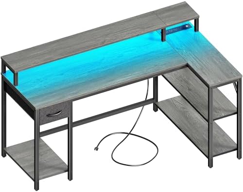 SUPERJARE 47 inch L Shaped Gaming Desk with LED Lights & Power Outlets  Reversible Computer Desk with Shelves & Monitor Stand  Corner Desk with Drawer  for Home & Office  Black