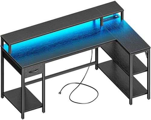 SUPERJARE 47 inch L Shaped Gaming Desk with LED Lights & Power Outlets  Reversible Computer Desk with Shelves & Monitor Stand  Corner Desk with Drawer  for Home & Office  Black