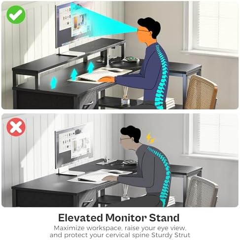 SUPERJARE 47 inch L Shaped Gaming Desk with LED Lights & Power Outlets  Reversible Computer Desk with Shelves & Monitor Stand  Corner Desk with Drawer  for Home & Office  Black