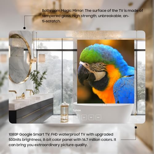 SYLVOX 19 Smart TV Bathroom Magic Mirror Waterproof LED TV 1080P 500NITS High Brightness Dual Front Speakers Wall mounting Suitable for Bathrooms Hotels Saunas