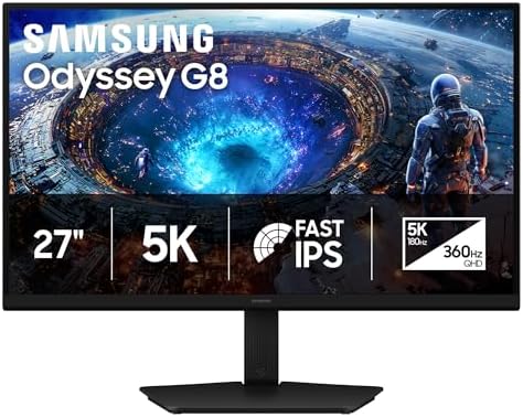 Samsung 27 Odyssey G8  G80HF  Gaming Monitor   5K Resolution  Fast IPS  180Hz  Dual Mode QHD 360Hz  218 PPI  DP 2 1  HDR10  Gaming  1ms  G Sync Compatible  HAS/Tilt/Swivel/Pivot Stand  LS27HG802EFXZA