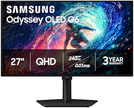 Samsung 27 Odyssey OLED G6  G61SH  Gaming Monitor   QD OLED  QHD  1440P   240Hz  0 03ms  Glare Free  Pantone Validated  HDR10  Height adjustable stand  OLED Safeguard  3 Year Warranty  LS27HG612SNXZA
