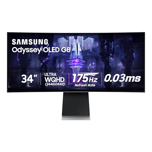 Samsung 34 Odyssey G85SB Series QD OLED Ultra WQHD Curved Gaming Monitor  175Hz  0 03ms  DisplayHDR True Black 400  AMD FreeSync Premium Pro  Advanced Game Streaming  LS34BG850SNXZA