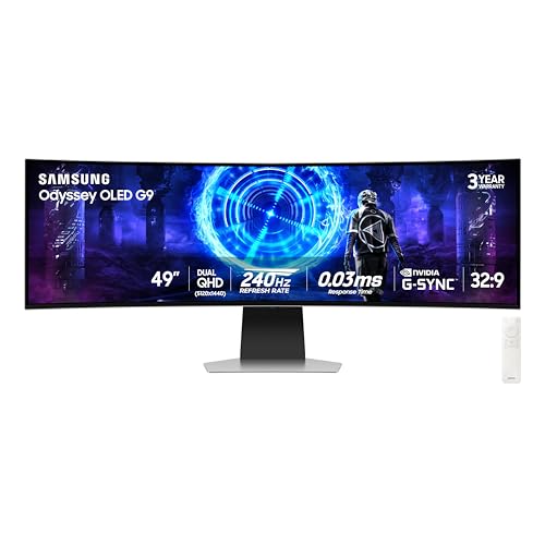 Samsung 49 Inch Odyssey G9  G95SD  Series QD OLED G Sync Compatible Curved Gaming Monitor  240Hz  0 03ms  Dual QHD  Glare Free  FreeSync Premium Pro  Ergonomic Stand LS49DG956SNXGO 2024  3 Yr Warranty