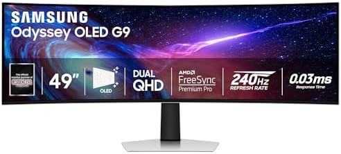 Samsung 49 Odyssey G93SC Series Curved Gaming Monitor  QD OLED  240Hz  0 03ms  DQHD  G Sync Compatible  FreeSync Premium Pro  Adjustable Stand