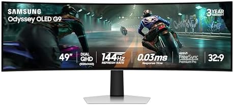 Samsung 49 Odyssey OLED G9  G91SD  Dual QHD QD OLED G Sync Compatible Curved Gaming Monitor  144Hz  0 03ms  AMD FreeSync Premium Pro  Ergonomic Stand  3 Year Warranty  LS49DG910SNXZA