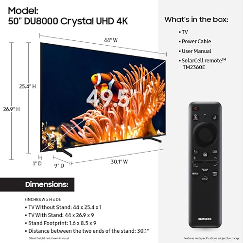 Samsung 50 Inch Class 4K Crystal UHD DU8000 Series HDR Smart TV w/Object Tracking Sound Lite  Motion Xcelerator  Ultra Slim Design  Gaming Hub  Alexa Built in  UN50DU8000  2024 Model 