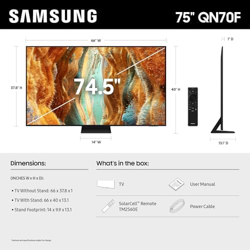 Samsung 75 Inch Class Neo QLED QN70F 4K Mini LED Smart TV  2025 Model  NQ4 AI Gen2 Processor  Quantum Matrix Technology Slim  Motion Xcelerator 144Hz  Samsung Vision AI  Alexa Built in