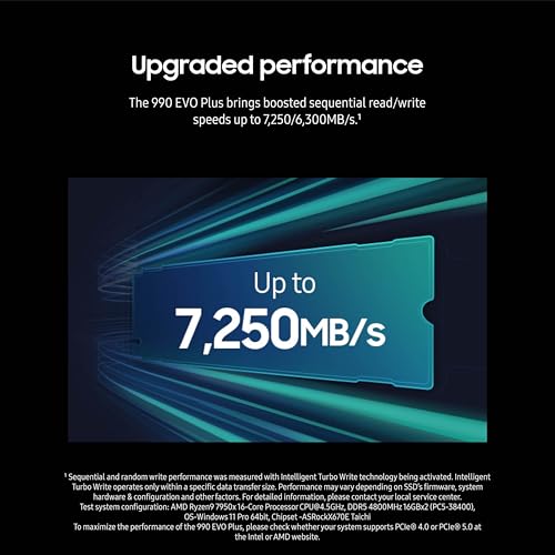 Samsung 990 EVO Plus SSD 1TB  PCIe Gen 4x4  Gen 5x2 M 2 2280  Speeds Up to 7 250 MB/s  Upgrade Storage for PC/Laptops  HMB Technology and Intelligent Turbowrite 2 0   MZ V9S1T0B/AM