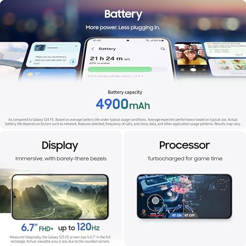 Samsung Galaxy S25 FE Cell Phone  2025   128GB AI Smartphone  Unlocked Android  Large Display  4900mAh Battery  High Res Camera  AI Photo Edits  Durable  US 1 Yr Warranty  JetBlack   AI Smartphone