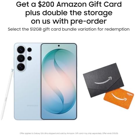 Samsung Galaxy S26 Ultra  Unlocked Android Smartphone    200 Gift Card  512GB  Privacy Display  Galaxy AI  AI Camera  Super Fast Charging 3 0  Durable Battery  2026  Sky Blue