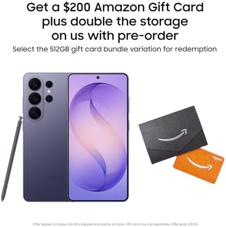 Samsung Galaxy S26 Ultra  Unlocked Android Smartphone    200 Gift Card  512GB  Privacy Display  Galaxy AI  AI Camera  Super Fast Charging 3 0  Durable Battery  2026  Cobalt Violet