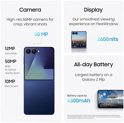 Samsung Galaxy Z Flip7 Cell Phone  256GB AI Smartphone  Unlocked Android  Long Battery Life  2025  US 1 Yr Manufacturer Warranty  Blue Shadow  Renewed 