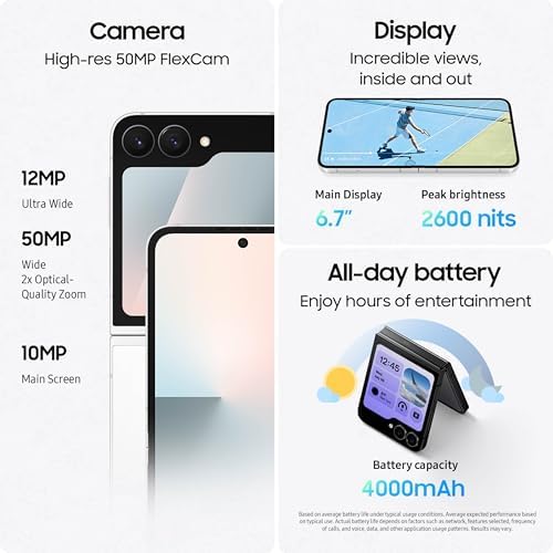 Samsung Galaxy Z Flip7 FE Cell Phone  256GB AI Smartphone  Unlocked Android  Long Battery Life  2025  US 1 Yr Manufacturer Warranty  White