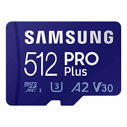 Samsung PRO Plus microSD Memory Card   Adapter  512GB microSDXC  Up to 180 MB/s  Full HD & 4K UHD  UHS I  C10  U3  V30  A2  for Android Smartphones  Tablets  GoPRO  and DJI Drone  MB MD512SA/AM 